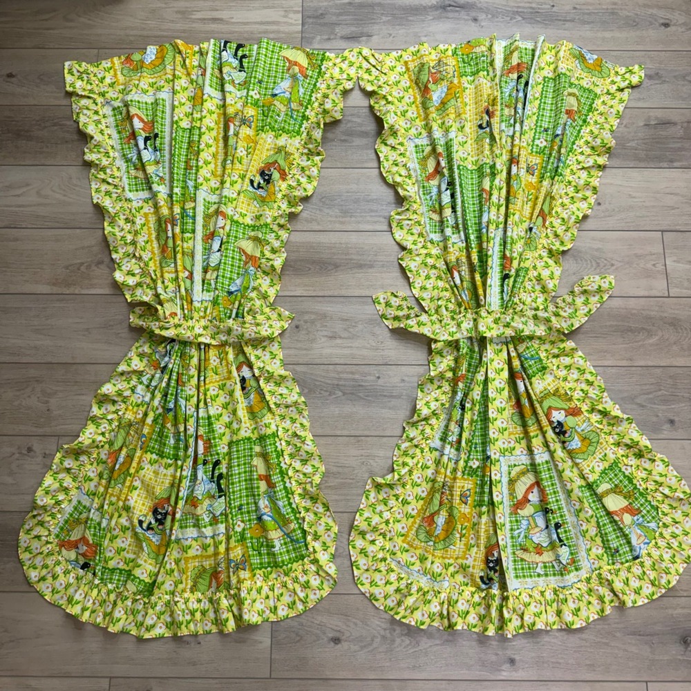 Vintage Sears Retro Kitsch Katies Patchwork Ruffled Curtains Yellow Green 70s